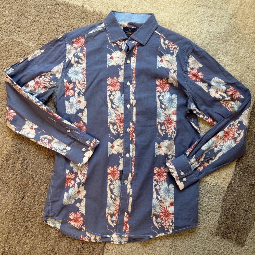 American Breed Mens Slim Fit Floral Stripe Button Down Shirt Blue Red White M